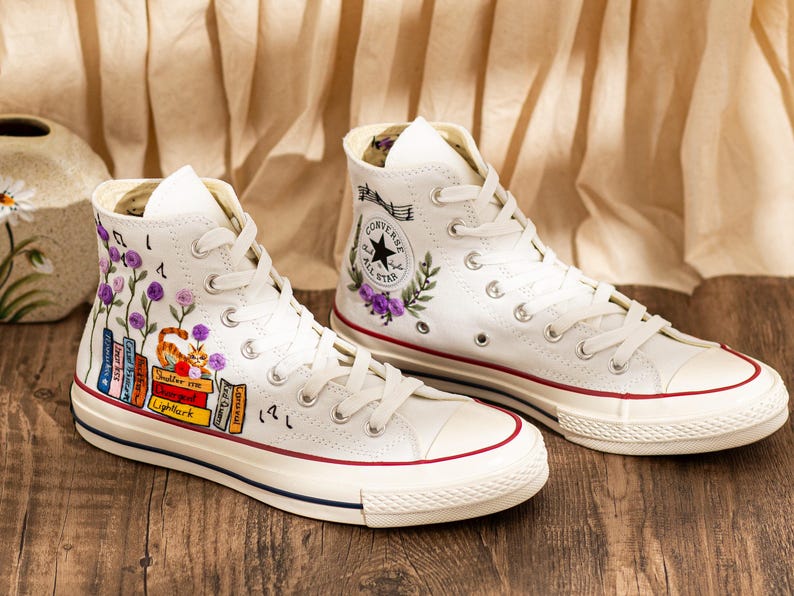 Embroidered Converse Book Lover, Flower & 1989 Embroidered Sneaker, Cat Embroidery Shoes, Handmade Gifts