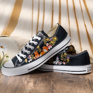 Hand Embroidered Converse Low Top Sneakers, Custom Black Shoes Embroidery Fox And Wildflower, Handmade Nature Art Converse, Unique Gift Idea