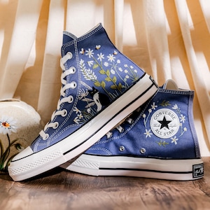 Custom Flowers and Cat Embroidered Converse Blue High Tops, Custom Converse Embroidered Floral, Pet Embroidered Shoes, Gifts for Pet Lovers