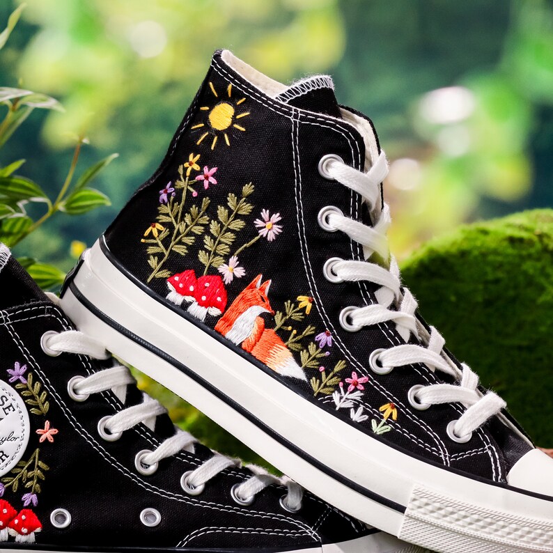 Embroidered Converse, Mushroom and Fox Embroidered Shoes Custom, Embroidered Converse High Tops Pet Mushroom and Sweet Sunflower Garden