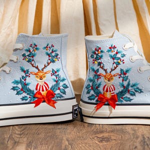 Reindeer & Christmas Flowers Embroidered Converse Shoes, Reindeer  Embroidery Shoes, Winter Holiday Shoes, Merry Christmas Gift for Her