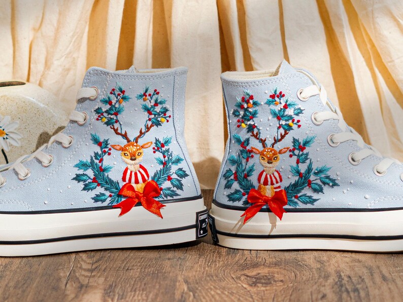 Reindeer & Christmas Flowers Embroidered Converse Shoes, Reindeer  Embroidery Shoes, Winter Holiday Shoes, Merry Christmas Gift for Her