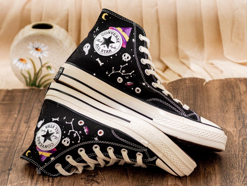 Frog Witch Embroidered Sneakers, Gothic Spooky Cute Converse Halloween Aesthetic