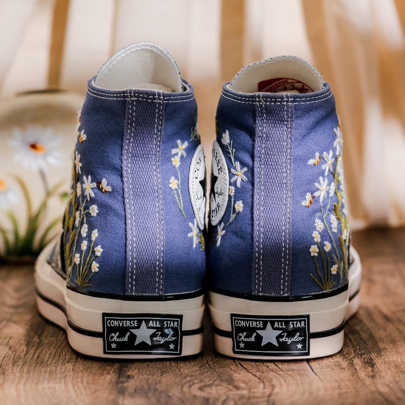 Custom Flowers and Cat Embroidered Converse Blue High Tops, Custom Converse Embroidered Floral, Pet Embroidered Shoes, Gifts for Pet Lovers
