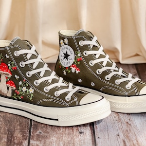 Mushrooms Embroidered Converse High Tops Custom, Strawberry, Mushrooms Embroidered Shoes, Sneakers Embroidery Mushroom, Strawberry for Women
