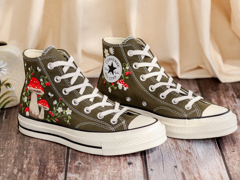 Mushrooms Embroidered Converse High Tops Custom, Strawberry, Mushrooms Embroidered Shoes, Sneakers Embroidery Mushroom, Strawberry for Women