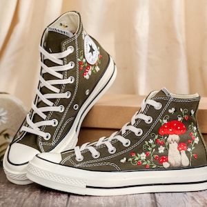 Mushrooms Embroidered Converse High Tops Custom, Strawberry, Mushrooms Embroidered Shoes, Sneakers Embroidery Mushroom, Strawberry for Women