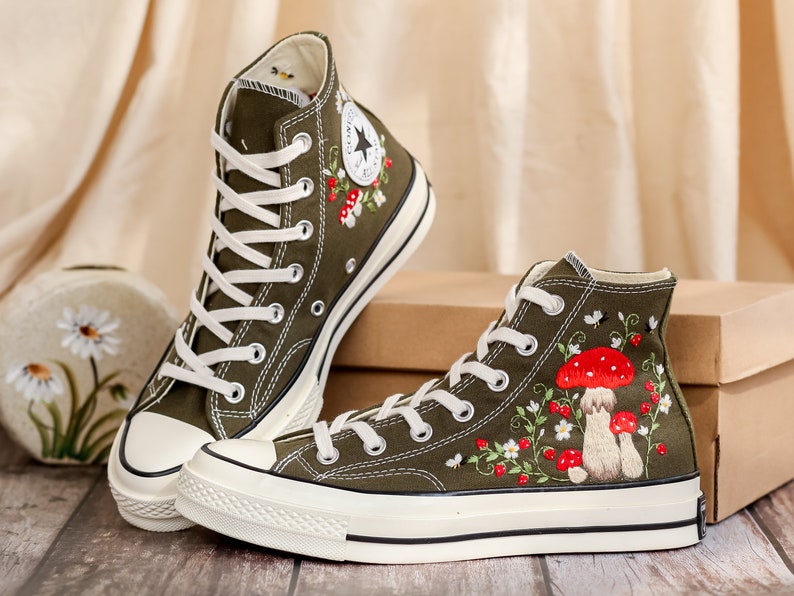Mushrooms Embroidered Converse High Tops Custom, Strawberry, Mushrooms Embroidered Shoes, Sneakers Embroidery Mushroom, Strawberry for Women
