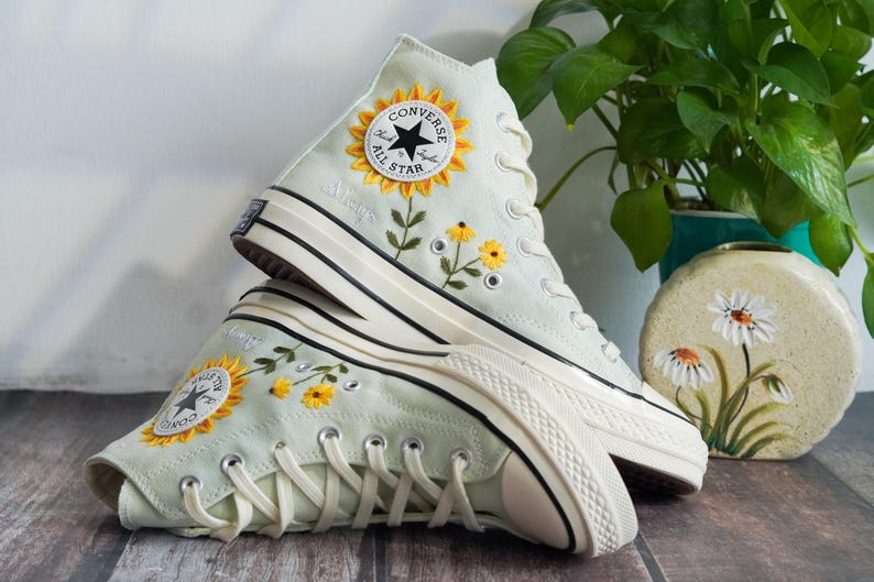 Custom Converse Chuck Taylor Embroidered Garden Flowers, Sunflower Embroidered Converse, Garden Sunflowers Embroidered Sneaker, Gift For Her