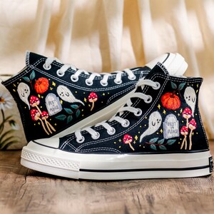 Custom Embroidery Converse, Ghost and Pumpkin Embroidered Sneaker, Ghost Embroidery Halloween Vibes Embroidered Shoes Custom, Halloween Gift