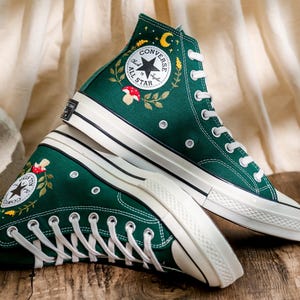 Mushrooms Converse, Fog and Mushrooms Embroidered Converse High Tops Custom, Mushroom Embroidered Sneakers, Flowers Embroidery Shoes Custom
