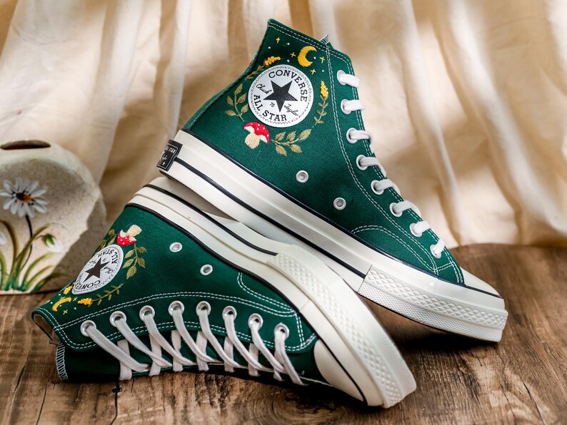 Mushrooms Converse, Fog and Mushrooms Embroidered Converse High Tops Custom, Mushroom Embroidered Sneakers, Flowers Embroidery Shoes Custom
