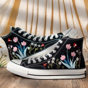Handmade Converse Embroidery Floral, Custom Embroidered Converse High Top, Black Canvas Shoes Embroidery Tulip And Butterfly, Romantic Gift