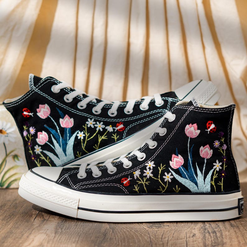 Handmade Converse Embroidery Floral, Custom Embroidered Converse High Top, Black Canvas Shoes Embroidery Tulip And Butterfly, Romantic Gift