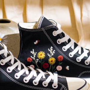 Custom Embroidered Converse Chuck Taylor High Top, Black Converse Embroidery Wildflower & Butterfly, Floral Embroidered Sneakers, Women Gift