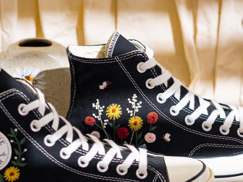 Custom Embroidered Converse Chuck Taylor High Top, Black Converse Embroidery Wildflower & Butterfly, Floral Embroidered Sneakers, Women Gift