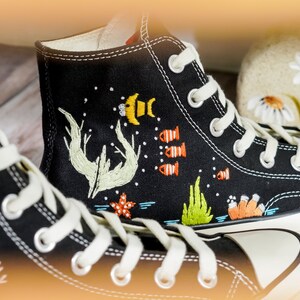 Custom Embroidered Converse High Tops, Shoes Embroidered With A Variety Of Colorful Sea Creatures, Jellyfish Embroidery, Gifts For Daughter