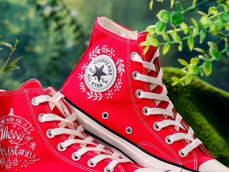 Custom Embroidered Converse Christmas, Noel and Snowflakes Embroidered Converse, Custom Shoes Embroidery Merry Christmas, Christmas Gifts