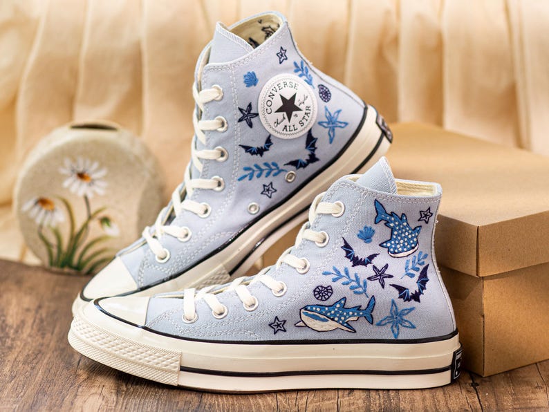 Custom Embroidered Converse Chuck Taylor, Sperm Whale Ocean Sneakers, Divers Gift, Beach Lovers Shoes, Coral Reefs