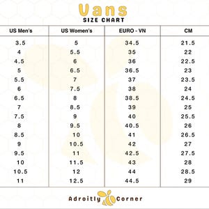 Pu&ograve; includere: Una tabella delle taglie Vans con misure US Uomo, US Donna, EURO-VN e CM. La tabella include taglie da 3,5 a 12,5, con corrispondenti misure in centimetri che vanno da 21,5 cm a 29 cm. Il logo Vans &egrave; in alto.