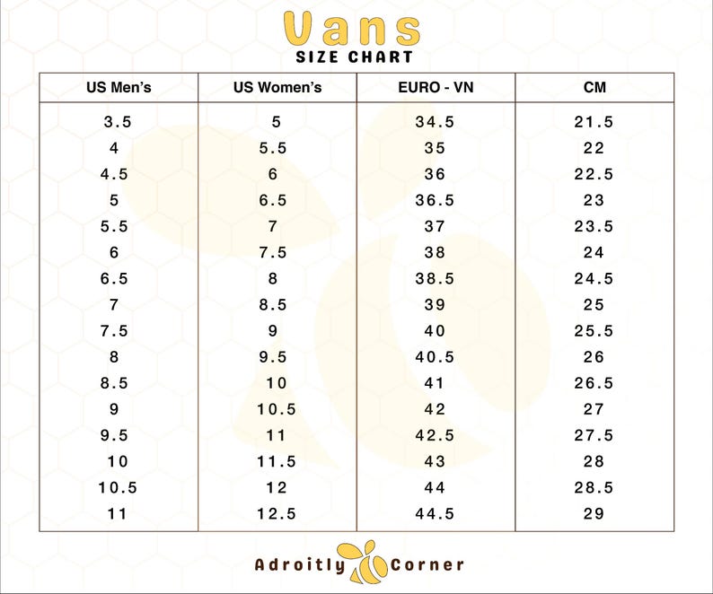Pu&ograve; includere: Una tabella delle taglie Vans con misure US Uomo, US Donna, EURO-VN e CM. La tabella include taglie da 3,5 a 12,5, con corrispondenti misure in centimetri che vanno da 21,5 cm a 29 cm. Il logo Vans &egrave; in alto.