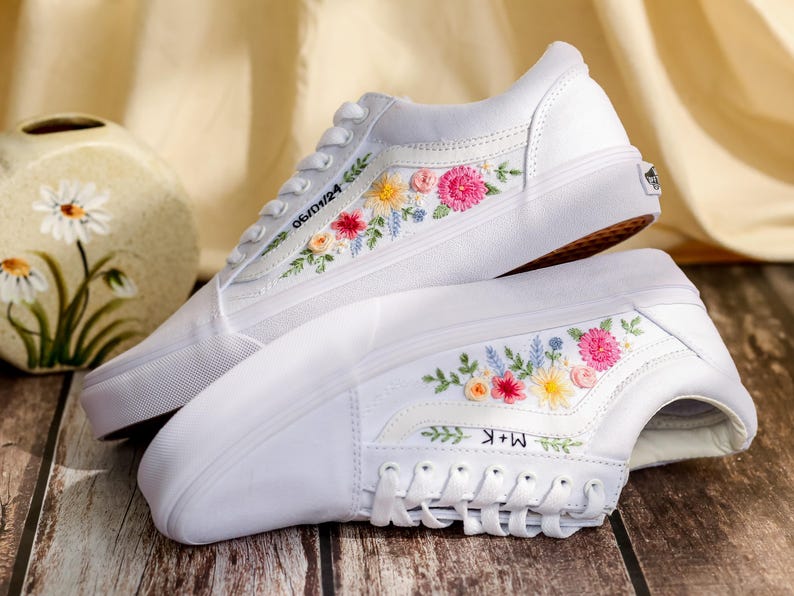 Embroidered Vans, Flower Embroidery Vans Shoes Custom, Vans Embroidery Flowers, Floral Embroidered Sneakers Custom, Birthday Gifts for Her