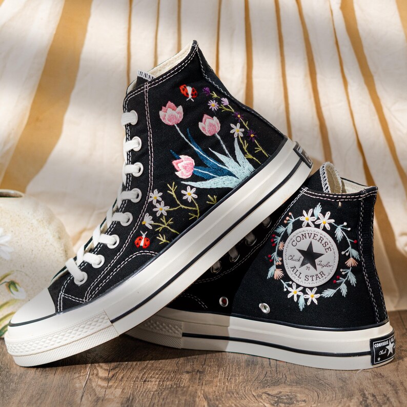 Handmade Converse Embroidery Floral, Custom Embroidered Converse High Top, Black Canvas Shoes Embroidery Tulip And Butterfly, Romantic Gift