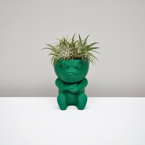 May include: Green ceramic planter shaped like a person with an angry expression, holding its arms crossed. The planter has a small air plant growing out of the top of its head.