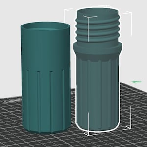 May include: Two teal cylindrical components with vertical ribbed textures. The component on the right features a threaded top section for secure attachment, while the component on the left is a smooth-walled sleeve. Both items are rendered in a 3D design software environment.