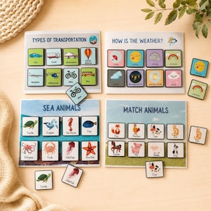 May include: Educational wooden matching game with four themes: Types of Transportation, How is the Weather?, Sea Animals, and Match Animals. Each theme features illustrated cards with corresponding tiles. The game includes a variety of colorful images and text.