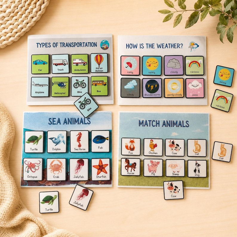 May include: Educational wooden matching game with four themes: Types of Transportation, How is the Weather?, Sea Animals, and Match Animals. Each theme features illustrated cards with corresponding tiles. The game includes a variety of colorful images and text.