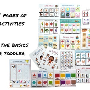 May include: A set of 15 printable activity pages for toddlers, featuring colorful illustrations and activities like matching animals, fruits, and colors, as well as learning about the days of the week and weather.