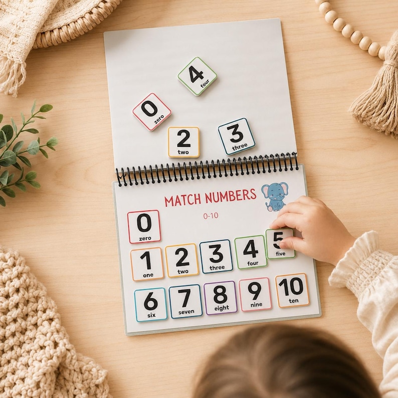 May include: A spiral-bound educational toy with number matching game. The game features numbered tiles from zero to ten, with corresponding word labels. The text "Match Numbers" is displayed on the cover. A child's hand is placing a tile.