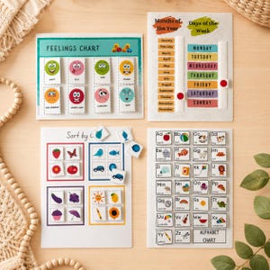 May include: Educational charts for children, including a feelings chart with illustrated emotions, a calendar with months and days, a sorting activity, and an alphabet chart. The charts are colorful and designed for learning.