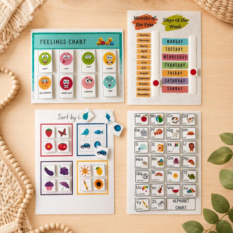 May include: Educational charts for children, including a feelings chart with illustrated emotions, a calendar with months and days, a sorting activity, and an alphabet chart. The charts are colorful and designed for learning.