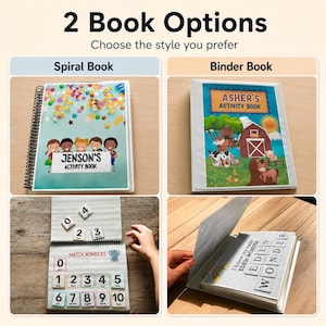 May include: Two book options are shown: a spiral-bound book and a binder book. The spiral book has a cover with children and the text "JENSON'S ACTIVITY BOOK". The binder book has a cover with a barn scene and the text "ASHER'S ACTIVITY BOOK". Additional images show matching numbers.