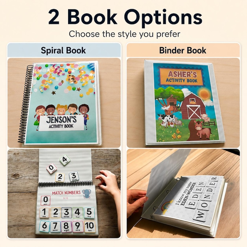 May include: Two book options are shown: a spiral-bound book and a binder book. The spiral book has a cover with children and the text "JENSON'S ACTIVITY BOOK". The binder book has a cover with a barn scene and the text "ASHER'S ACTIVITY BOOK". Additional images show matching numbers.
