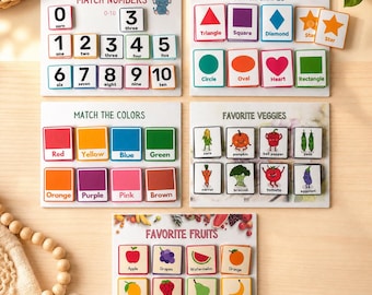 May include: Educational matching game sets for children. Includes boards for matching numbers, shapes, colors, favorite veggies, and fruits. Each set features colorful illustrations and labels, perfect for early learning and cognitive development.