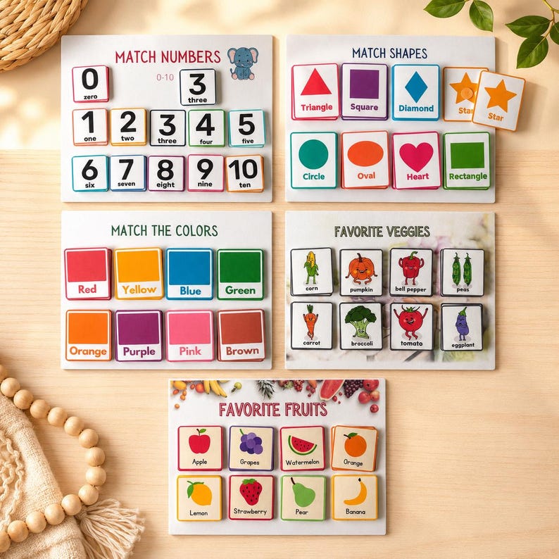 May include: Educational matching game sets for children. Includes boards for matching numbers, shapes, colors, favorite veggies, and fruits. Each set features colorful illustrations and labels, perfect for early learning and cognitive development.