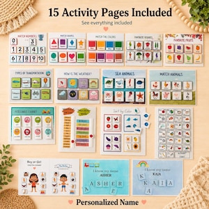 May include: A collection of 15 activity pages for children, featuring educational games. The pages cover topics like numbers, shapes, colors, fruits, vegetables, weather, and animals. Includes personalized name options and an alphabet chart.