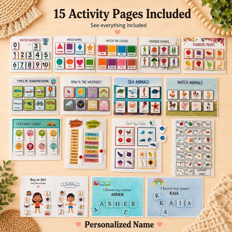May include: A collection of 15 activity pages for children, featuring educational games. The pages cover topics like numbers, shapes, colors, fruits, vegetables, weather, and animals. Includes personalized name options and an alphabet chart.