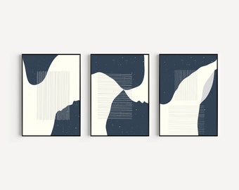 Stampe 3 Piece Art Line, Blue Wall Art, Abstract Wall Art, Bedroom Wall Art, Blue and White Line Art, Minimalist Wall Line Art