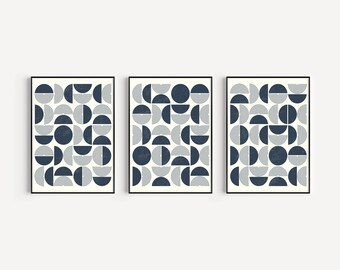 Stampe cerchio artistico a 3 pezzi, arte del cerchio blu navy, arte astratta della parete, arte della parete della camera da letto, arte della sala da pranzo, arte murale minimalista, grande arte
