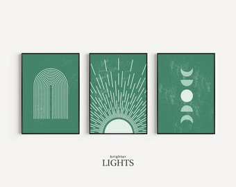 Mid Century Modern Minimalist Green Art Set di stampe, Arte murale stampabile, Forma organica, Luna