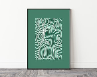 Arte verde stampabile moderna con linee curve bianche ondulate, arte da parete moderna, arte da parete di metà secolo