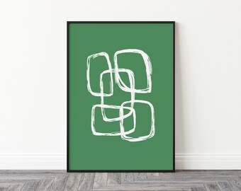 Arte della parete stampabile moderna con cerchio ondulato bianco verde, arte minimale, arte della parete astratta, arte di metà secolo