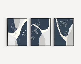 Stampe floreali a 3 pezzi d'arte, arte murale blu, arte murale astratta, arte murale della camera da letto, blu indaco, arte floreale da parete minimalista