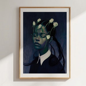 Black Art, Abstract Original Floral Woman Painting, Surreal African Printable, Woman Portrait Print, Moody Dark Academia Contemporary Art