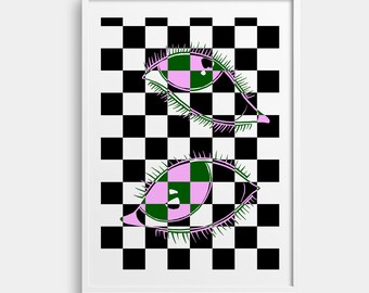 Checkered eyes Digital Download Printable | Print | Checkers Abstract Aesthetic Modern Pink and Green Poster Y2K