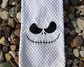 Toalha de esqueleto bordada à mão - Decoração de cozinha para o Halloween
